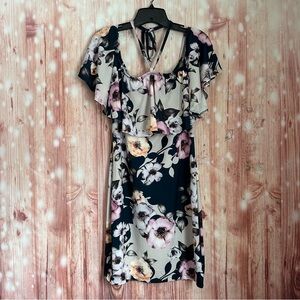 Venus Navy Blue Halter Pink Floral Flounce Top Dress Size L